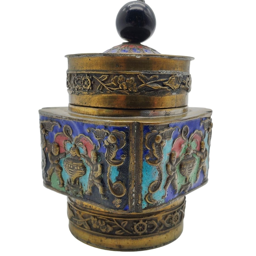 Brass Cloisonné Enamel Hexagonal Trinket Box Jewel Tone Floral Panels Boho Decor